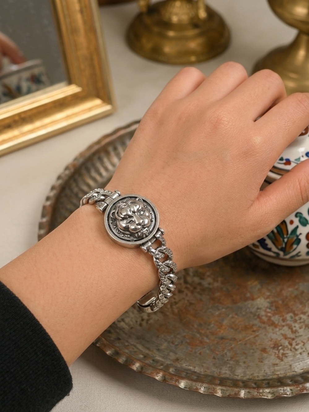 Silver Lion Head Chain Watch Bracelet - Women Accessories S925 silvery plated